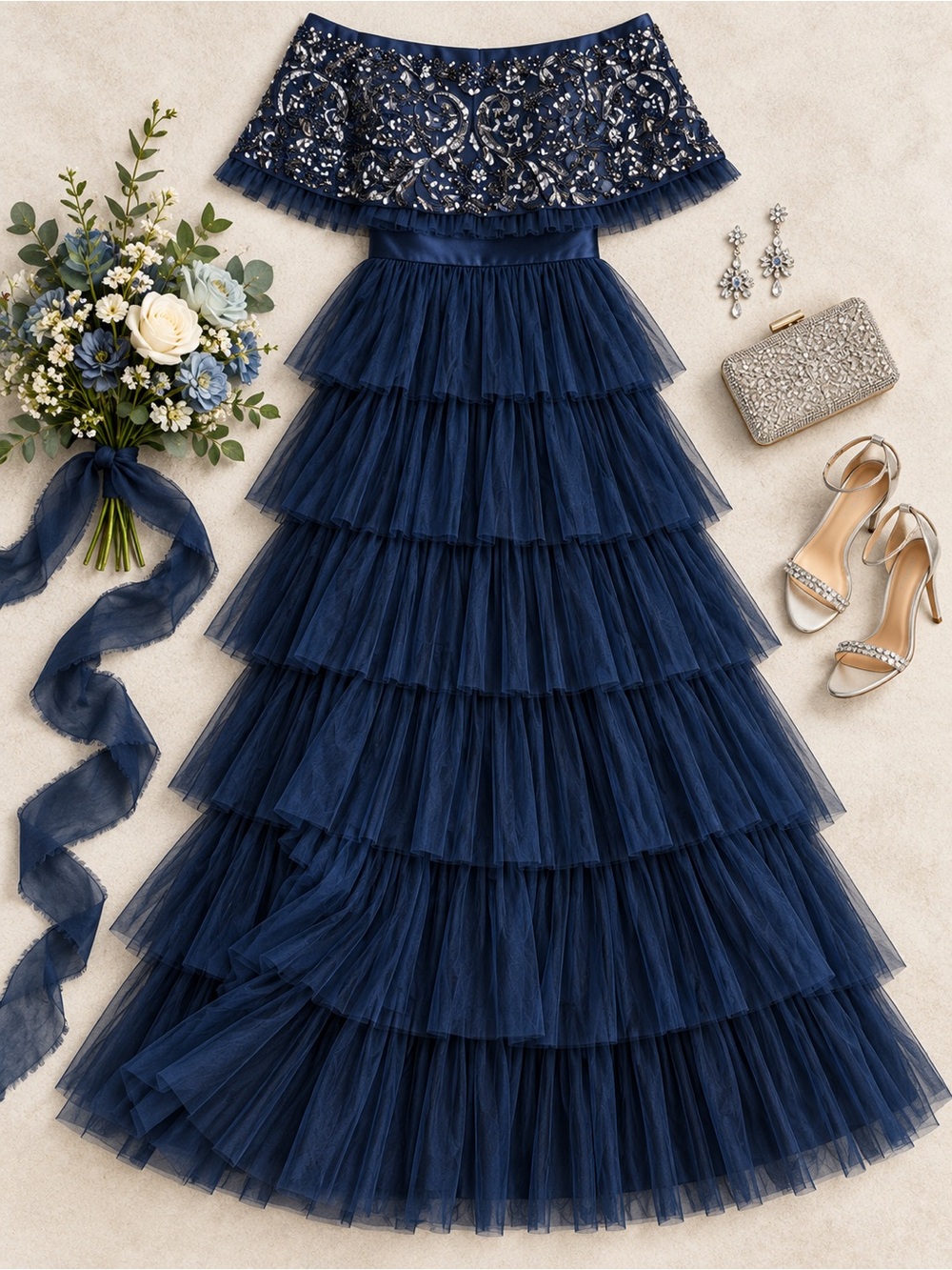 Beauut ASOS Navy Blue Embellished Bardot Tiered Tulle Ballgown Maxi Dress 6